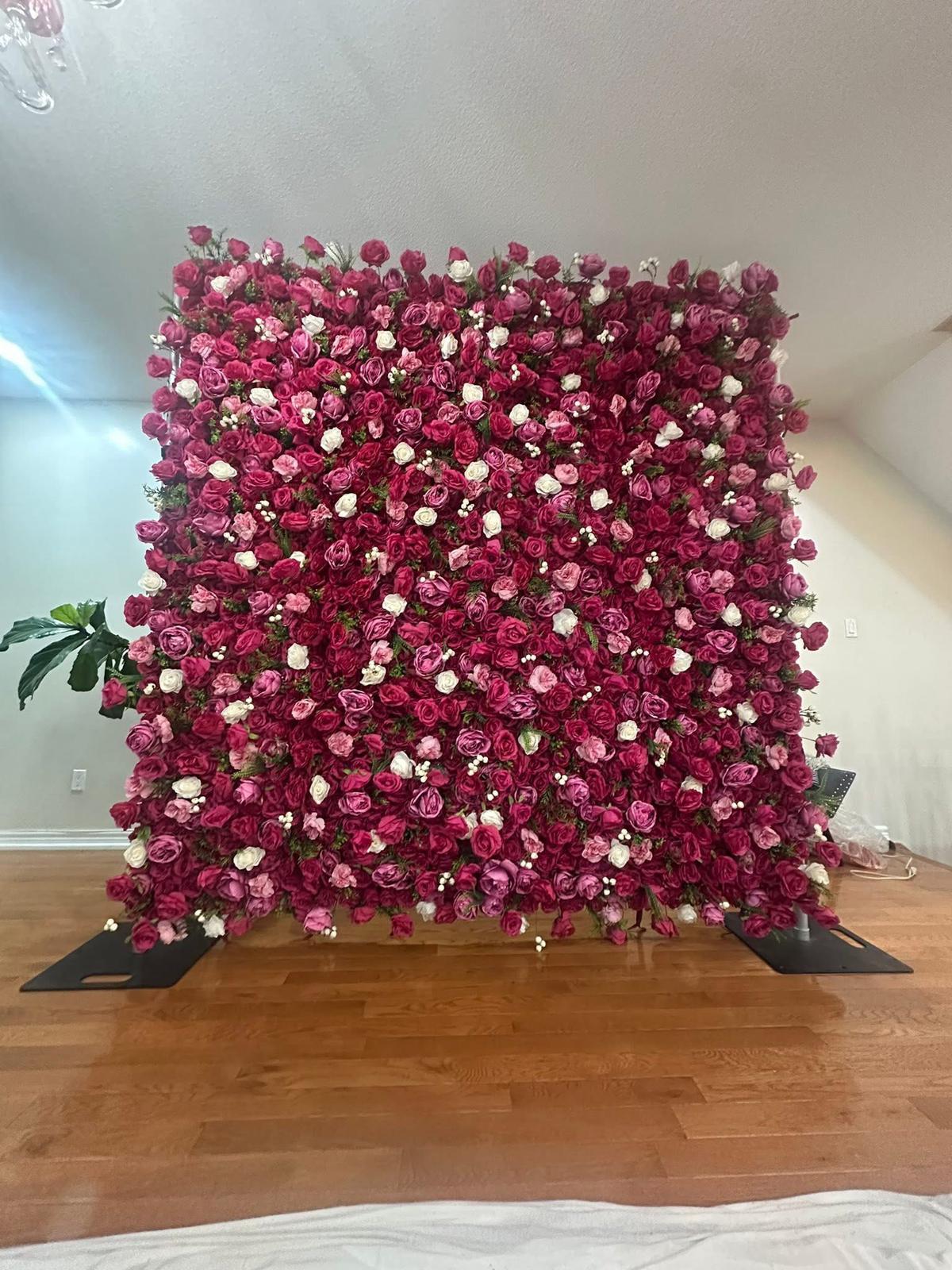 Pink Romance flower wall — full 8x8 freestanding display of fuchsia, blush, and ivory roses