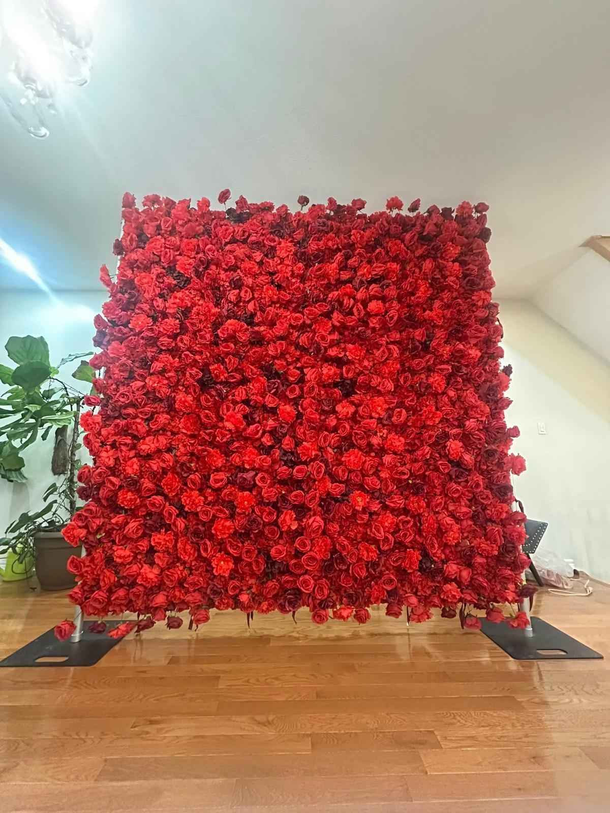 Red Passion flower wall — full 8x8 freestanding display of crimson and burgundy roses