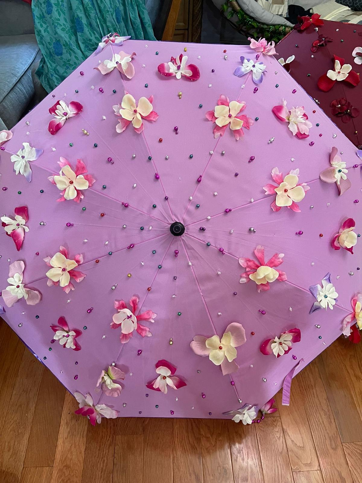 Lavender floral umbrella with pink and cream flowers